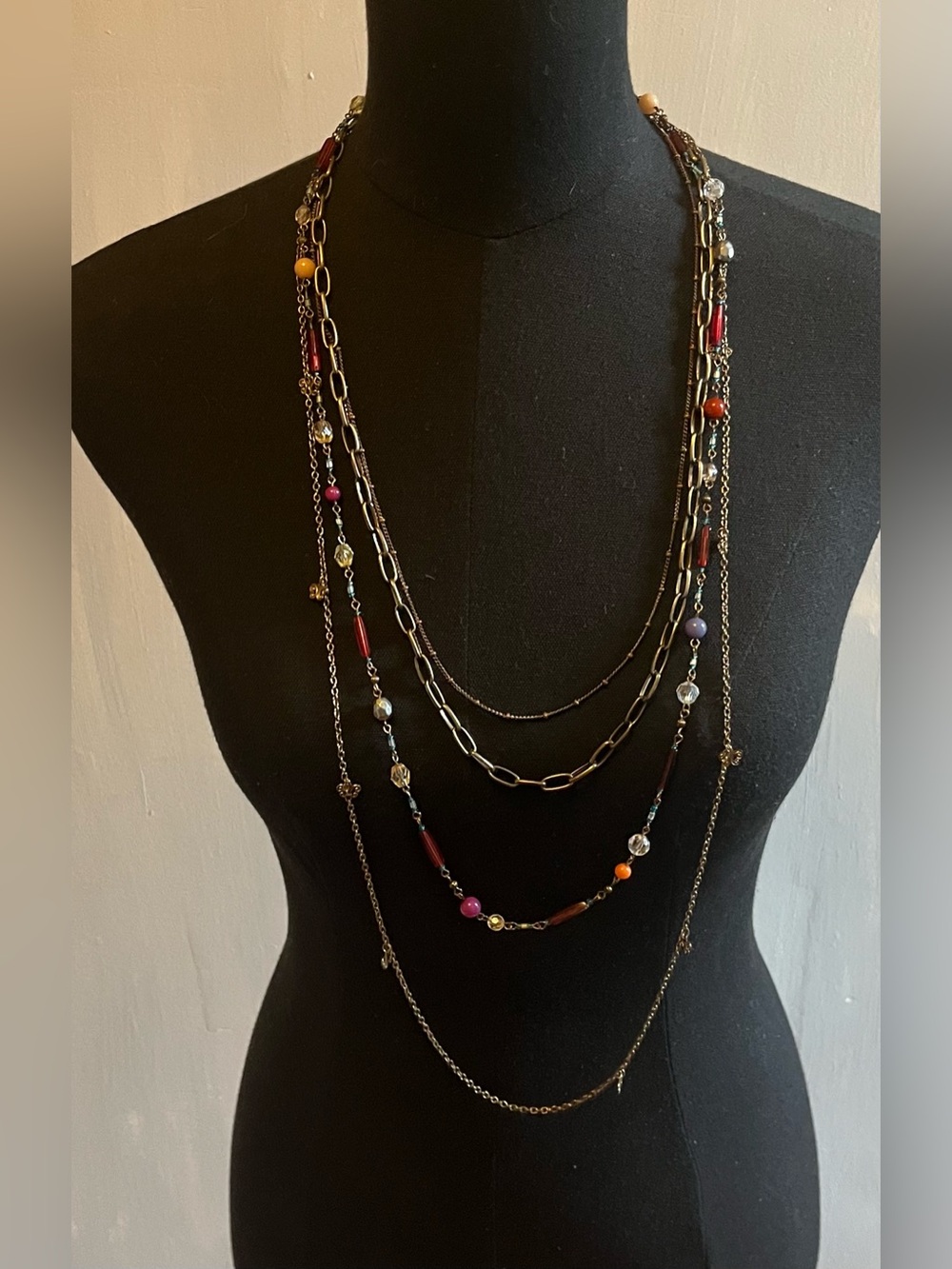 Multi Strand Layered Beaded & Chain Necklace in Antiqued Gold Tone